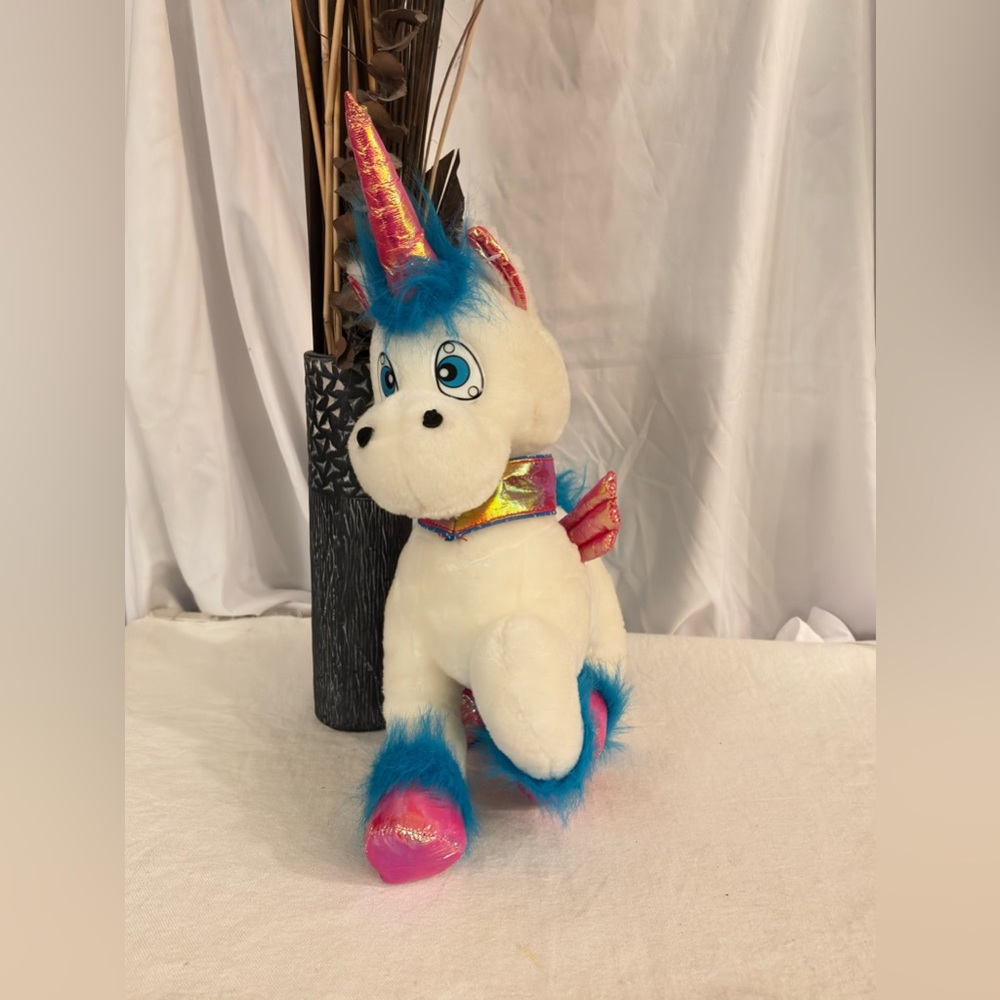 Vintage ToyWorks white unicorn pink & blue shiny wings plush
